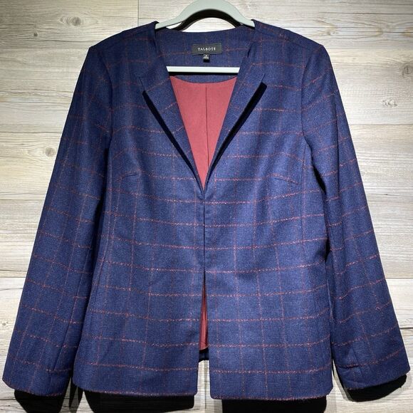 Talbots Wool Blend Blazer Jacket Blue Burgundy Check Women’s 16 Collarless Clasp - Picture 1 of 10